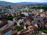 Belfort and Cathedral St-Christophe, as seen from the citadel on top of the fortress, Vosges mountains in the background.