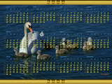 Calendar 2009 Spanish, swan with young swans on the river Rhine, Calendario 2009, un cisno con la cría en el Rin
