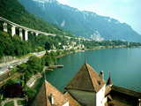 The Castle of Chillon, eastern part of the castle, the lake of Geneva, the Alps and the highway N9 seen from the keep.