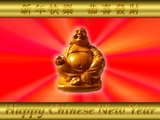 Chinese New Year wallpaper, small Chinese Buddha statue, golden wooden headings