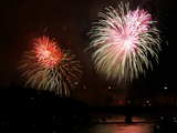 Firework on the Rhine 2007, big white red and pink flowers, eve of 1st August, Basle, Switzerland