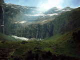 The Cirque of Gavarnie, upper french Pyrenees, near the bottom of the rocks, cascade on the left