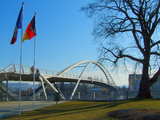 Footbridge on the Rhine, Passerelle des 3 Pays, Dreiländerbrücke, near the border triangle France-Germany-Switzerland, seen from Huningue, France, February 2009, HDR picture