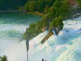 The Rhine falls, Schaffhouse, Switzerland, the central rock and a boat arriving