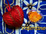 Bonne St-Valentin, un grand coeur rouge, petit chef d'oeuvre de travail manuel et une fleur sculptée dans un étui en forme de coeur