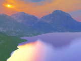 Lever de soleil, Côte nord-est d'un lac virtuel suisse, paysage virtuel créé par ordinateur