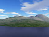 Montagnes, (ballons) virtuelles avec lac, paysage virtuel créé par ordinateur